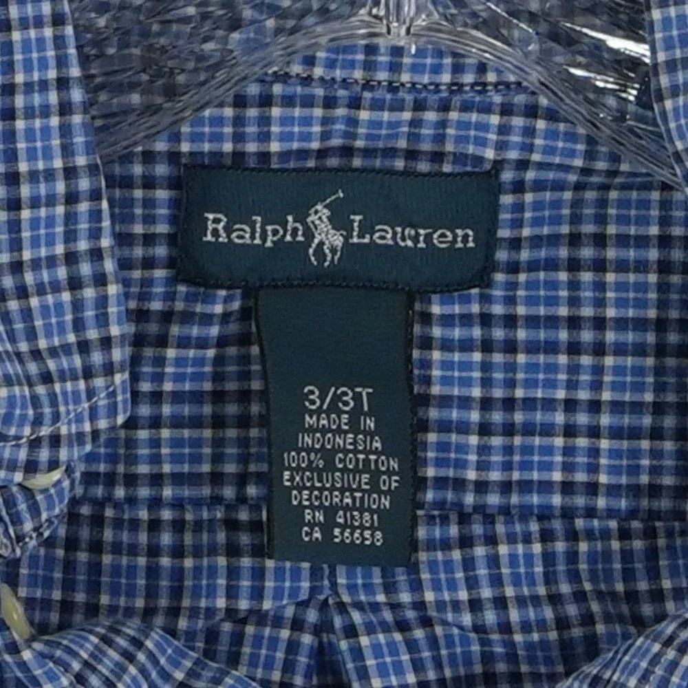 Ralph Lauren Button Down Shirt Boy's Size 3/3T Blue Check Plaid 100% Cotton Pony